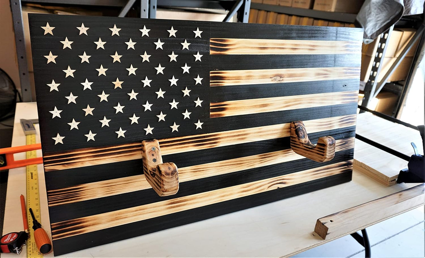 LumeLair Wooden Rustic American Flag with Gun Rack 36” x 19.5” Black Made in the US Gifts for Men