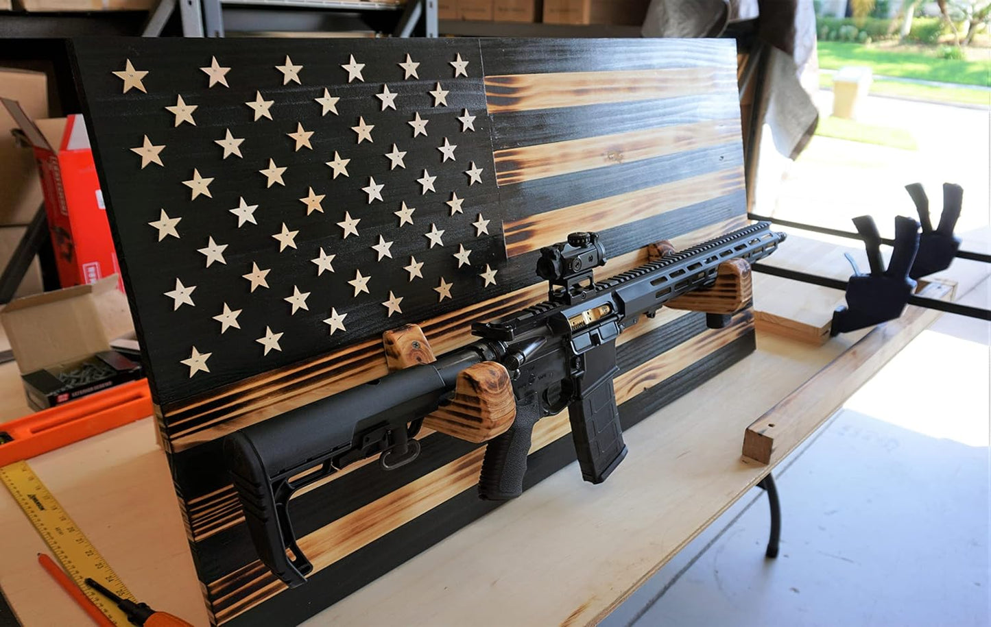 LumeLair Wooden Rustic American Flag with Gun Rack 36” x 19.5” Black Made in the US Gifts for Men