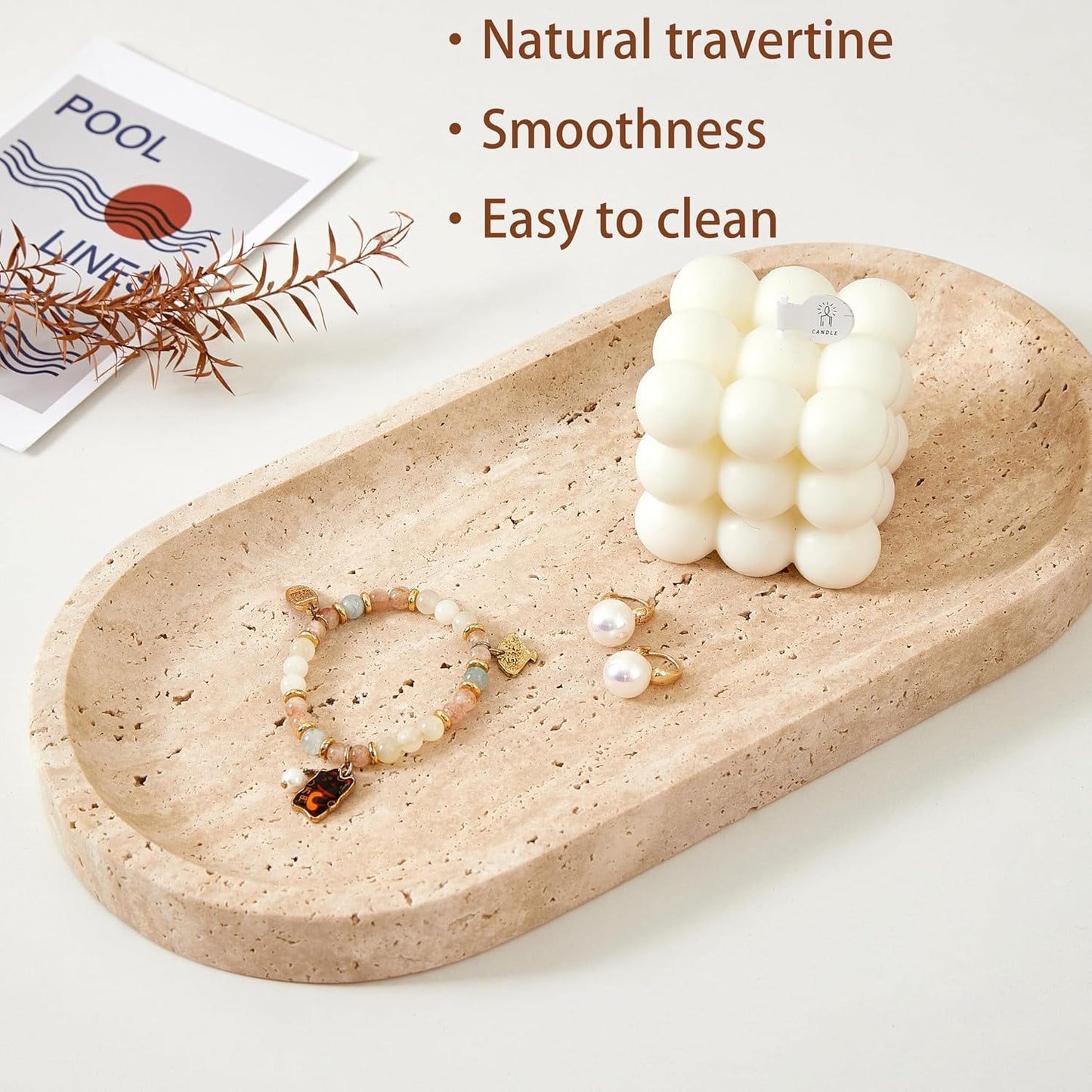 Denique Natural Travertine Tray, 12" Vanity Tray Oval Decorative Tray,