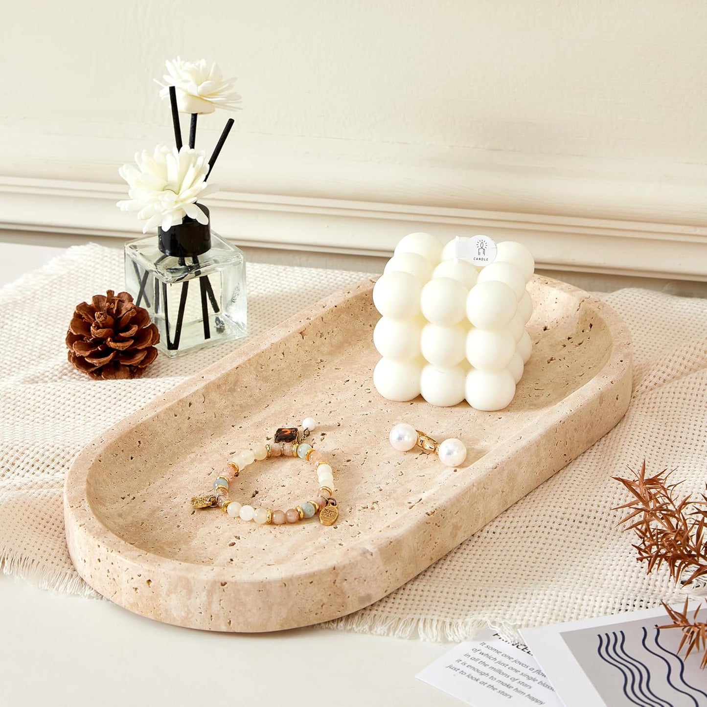 Denique Natural Travertine Tray, 12" Vanity Tray Oval Decorative Tray,