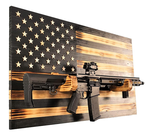 LumeLair Wooden Rustic American Flag with Gun Rack 36” x 19.5” Black Made in the US Gifts for Men