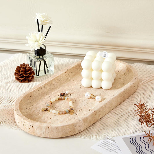 Denique Natural Travertine Tray, 12" Vanity Tray Oval Decorative Tray,
